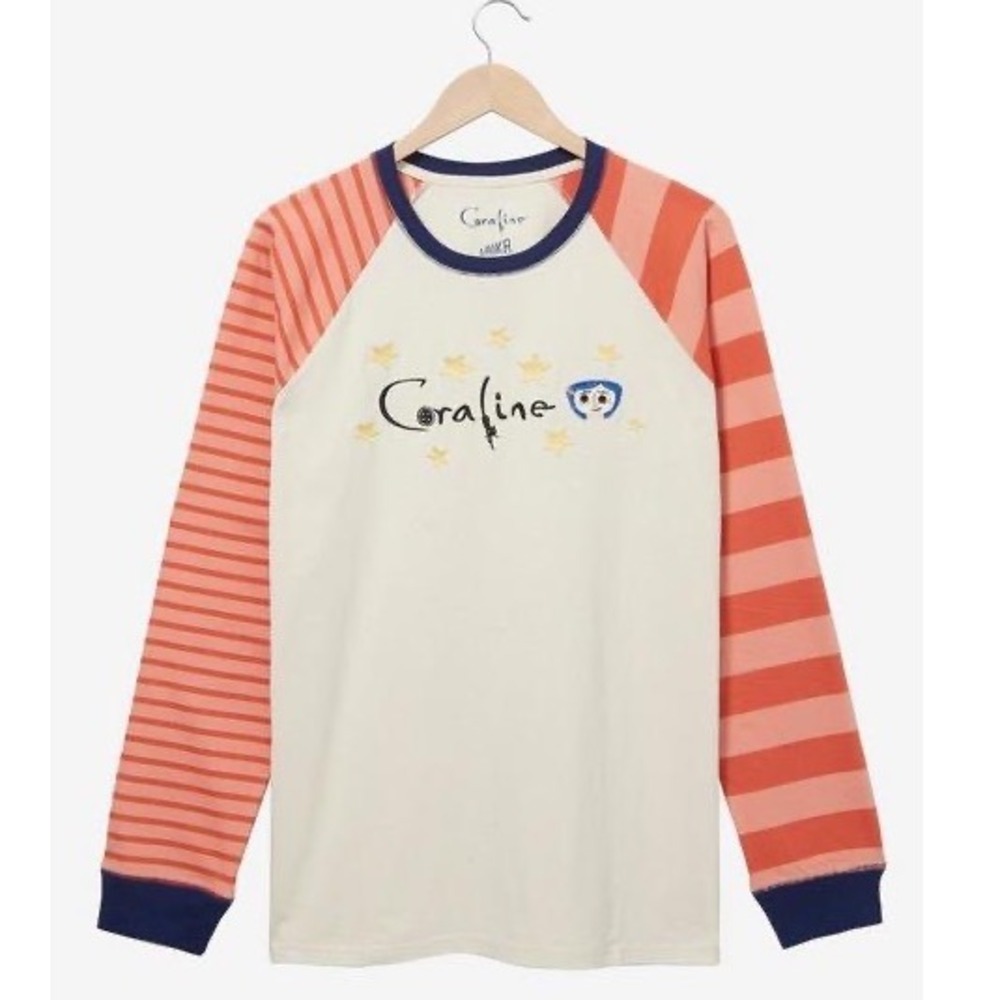Laika Womens Coraline Embroidered Stars Striped Raglan Baseball Tee Size L